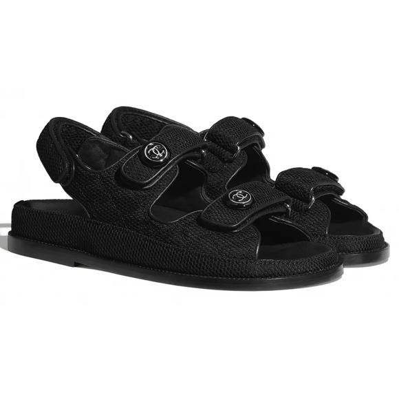 Chanel 21C Black Fabric Silver Logo Mule Slide Strap Flat Teva Dad Sandal 39 - Picture 5 of 12